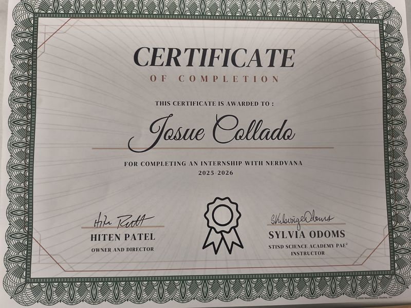 Nerdvana Internship Certificate of Completion — Joshua Collado 2025–2026