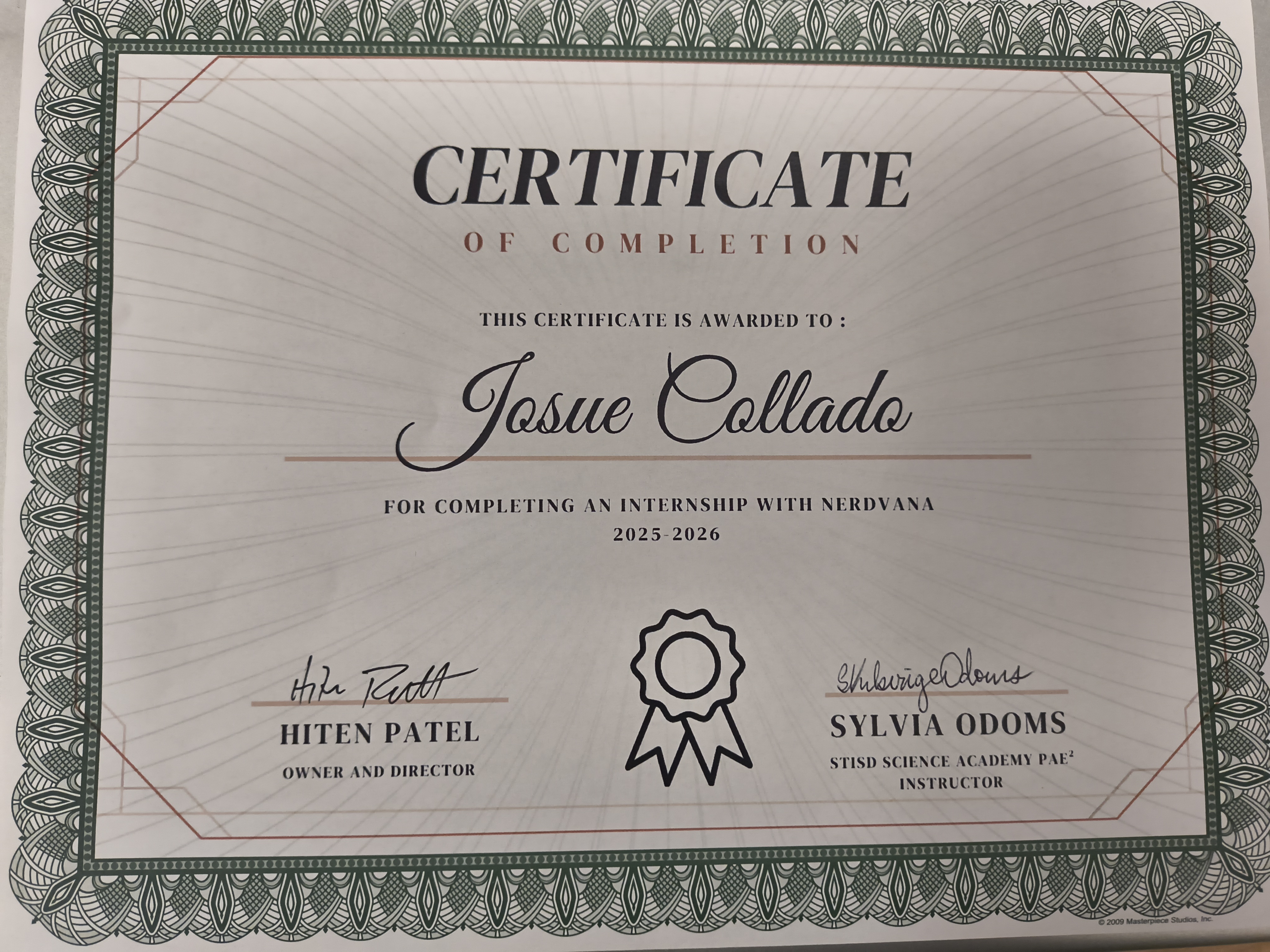 Nerdvana Internship Certificate of Completion — Joshua Collado 2025–2026